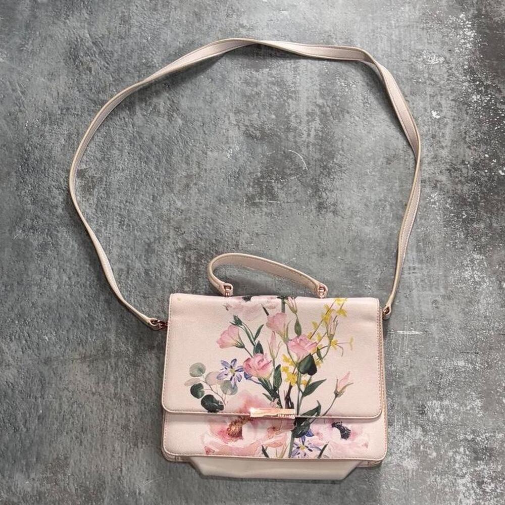 Ted Baker Pink Floral top-handle crossbody bag. Rose Gold Hardware